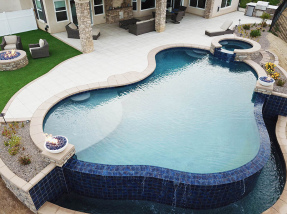 High-angle daytime shot showing curves and pool steps